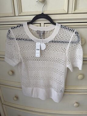 J. Crew White Open-Knit Short Sleeve Cashmere Sweater NWT gorgeous!
